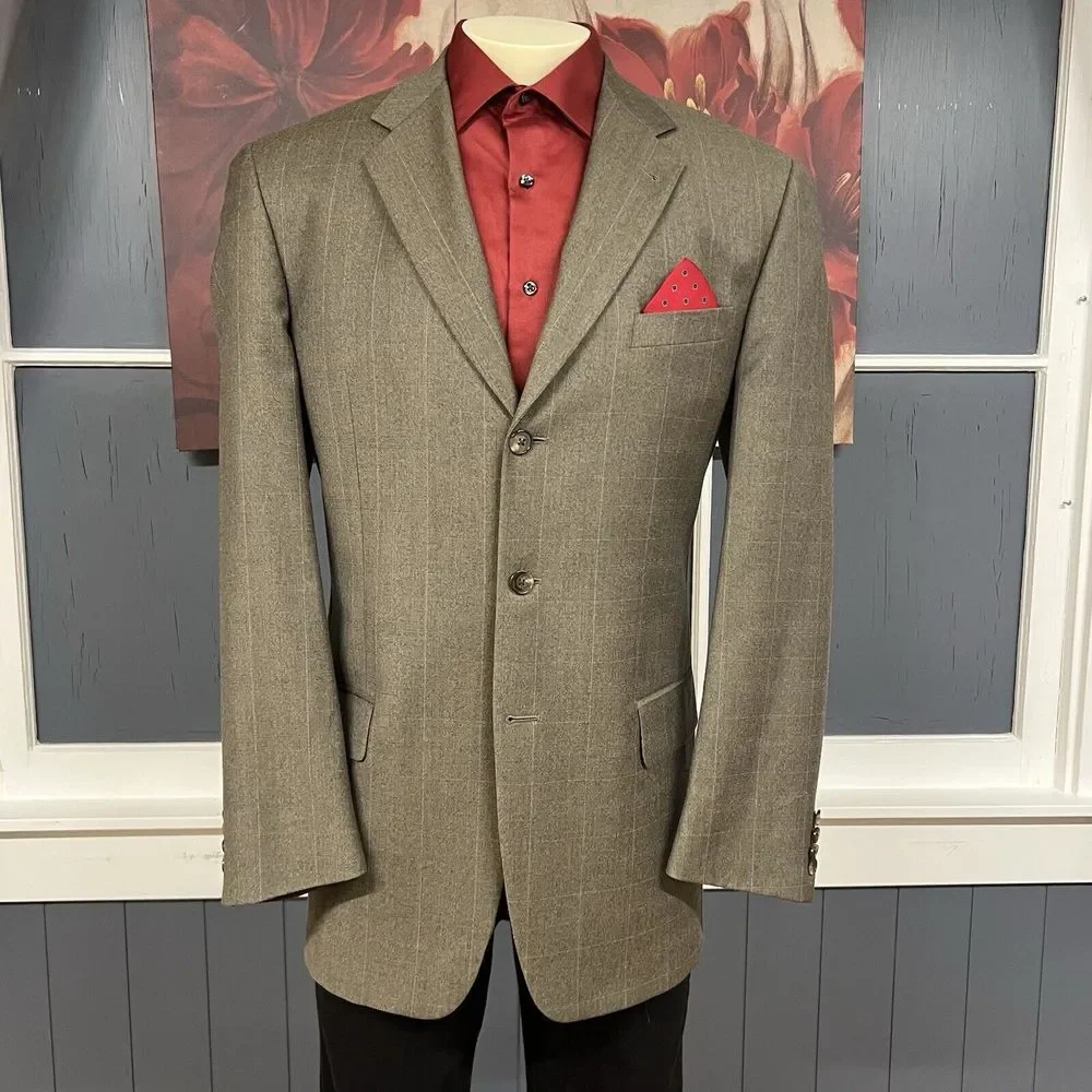 Joseph Abboud Suit 2Pc Mens Blazer 40L Long Wool‎ Pants 34x34 Light Brown Plaid